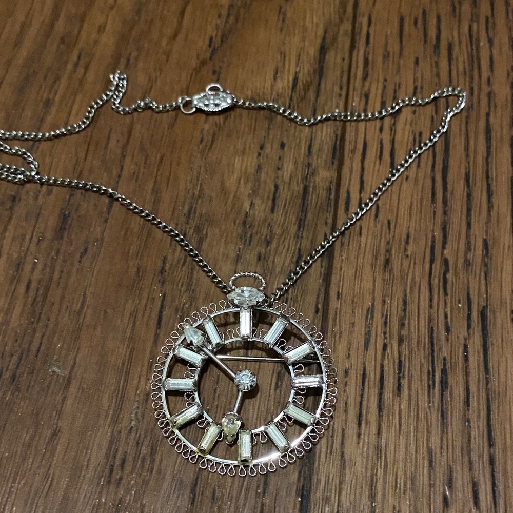 Vintage Start-Art Sterling Clock Baguette Pearl Rhinestone Brooch Pendant